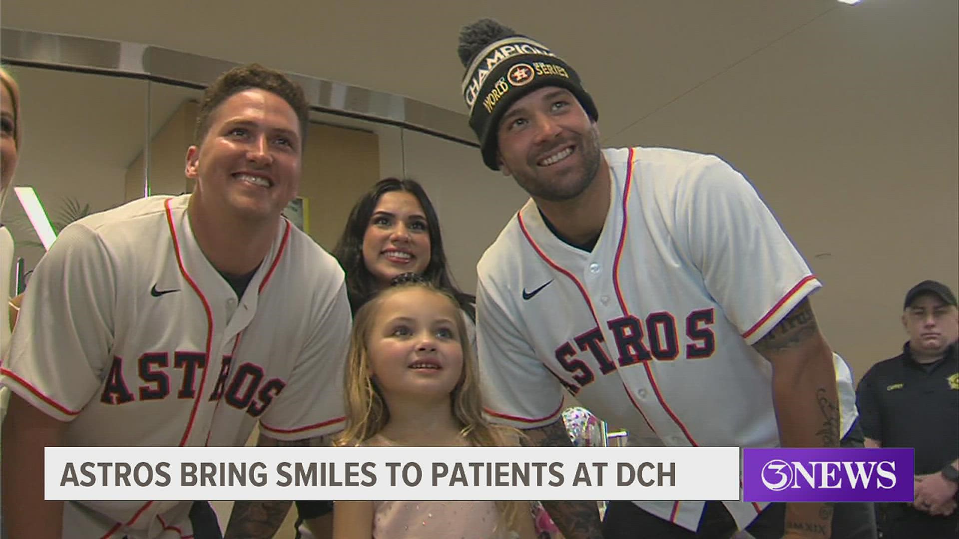 Former Hooks Korey Lee and JJ Matijevic had multiple stops across Corpus Christi Tuesday including visiting with patients and families at Driscoll Children's.