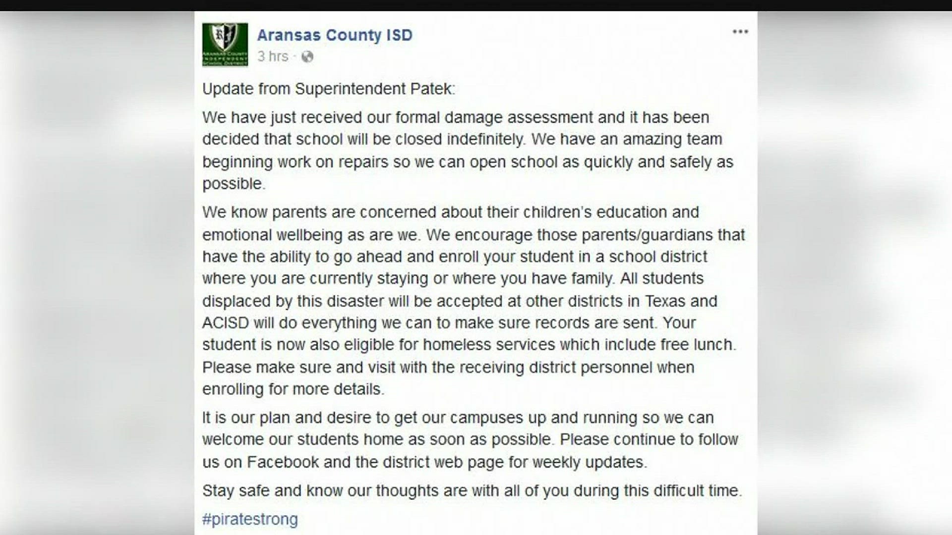 After a formal damage assessment to the Aransas County Independent School District, it has been decided that the district will close indefinitely.