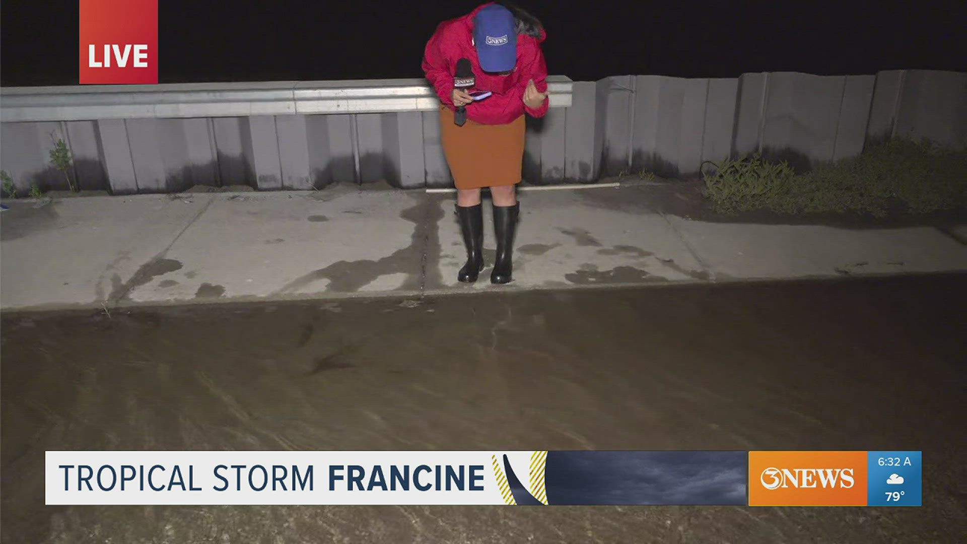 In this live shot from Madeline Salinas, the First Edition reporter said water was rising across the roadway by a couple of inches early Tuesday morning.