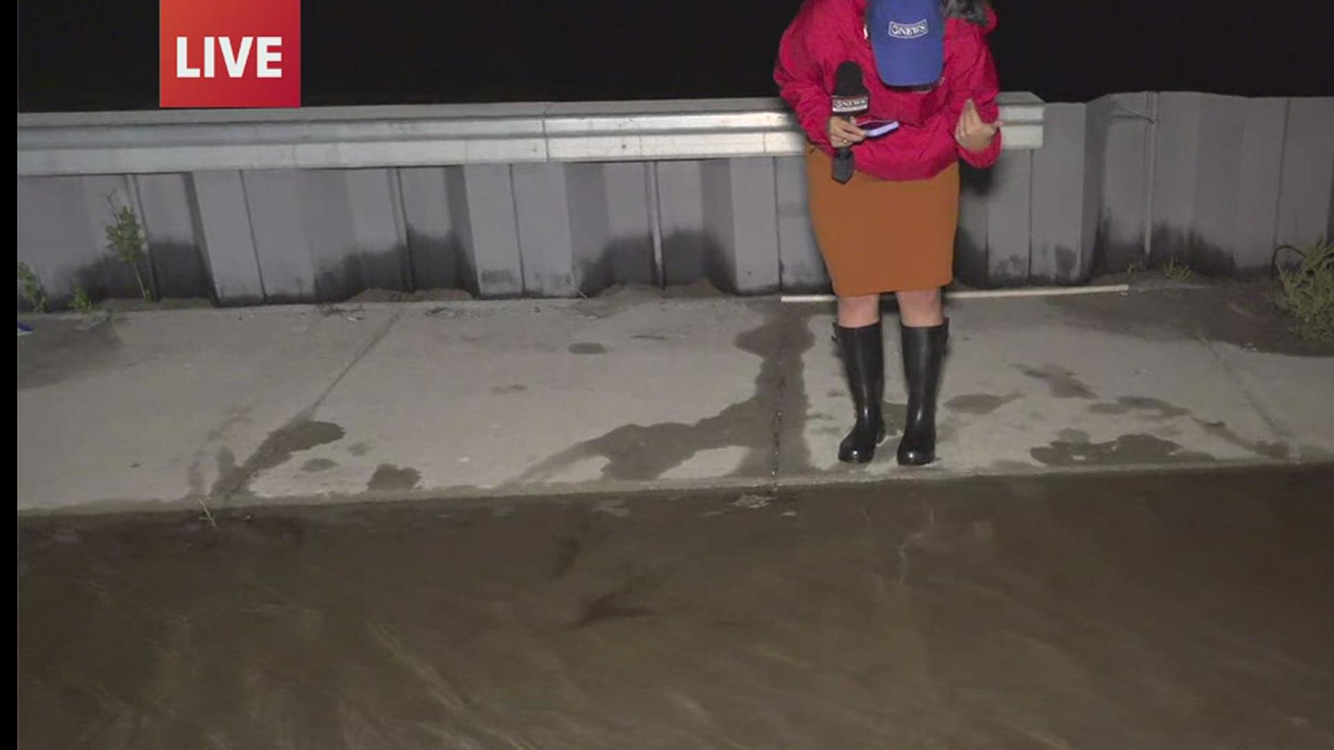 In this live shot from Madeline Salinas, the First Edition reporter said water was rising across the roadway by a couple of inches early Tuesday morning.