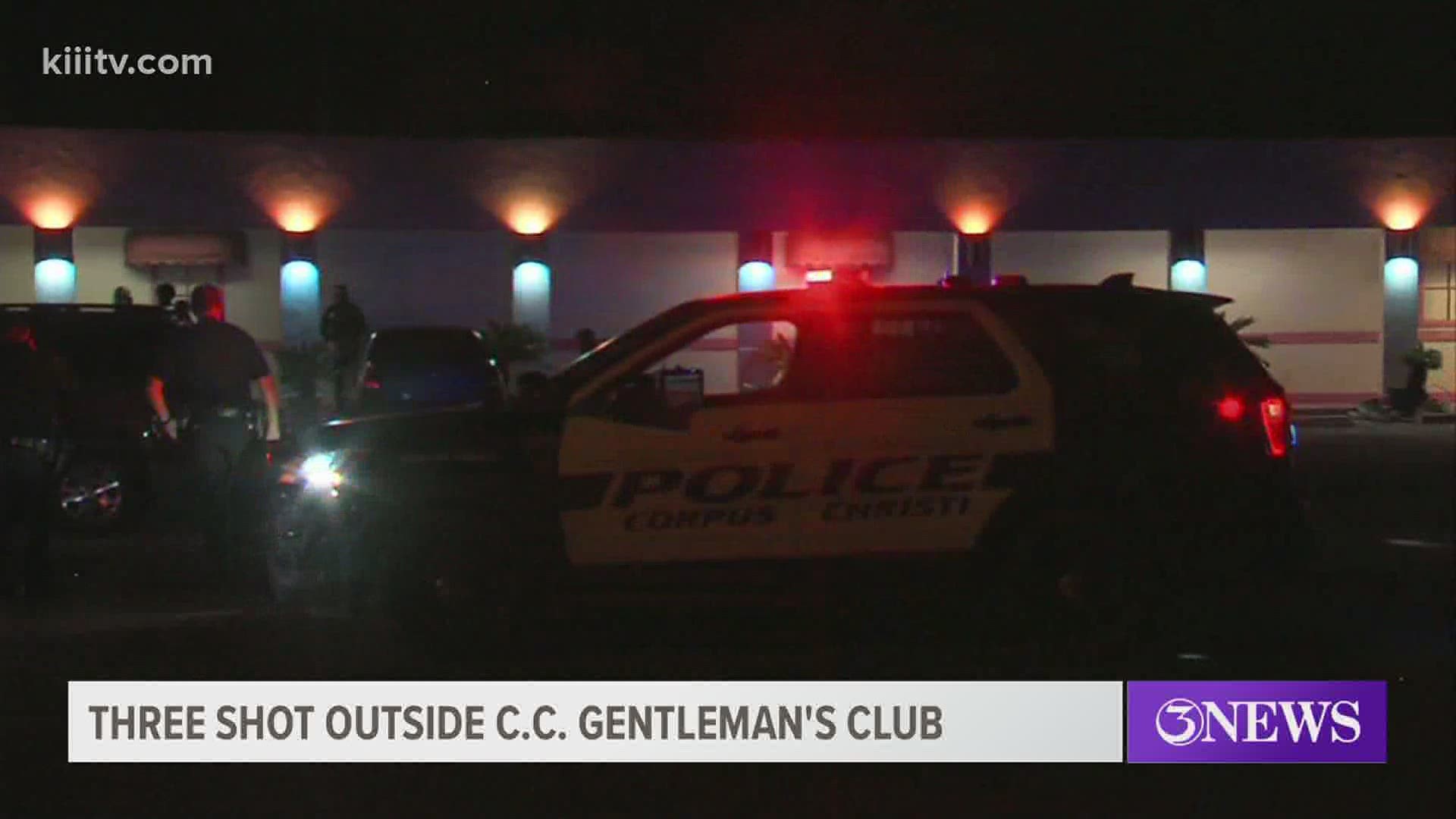 Corpus Christi police are looking for one man accused of shooting three people outside a local gentleman's club early Sunday morning.