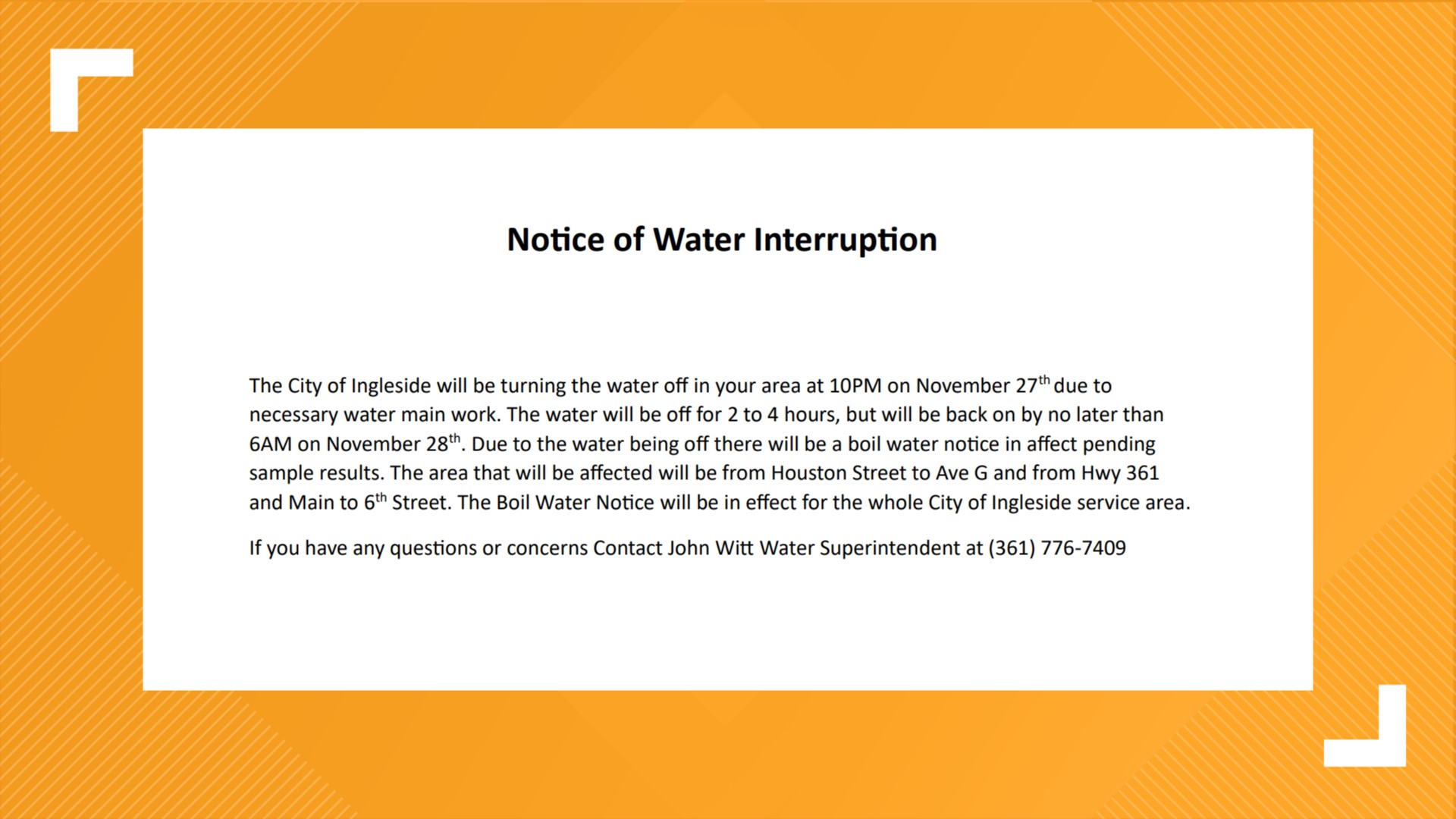 Water boil advisory begins Monday for City of Ingleside
