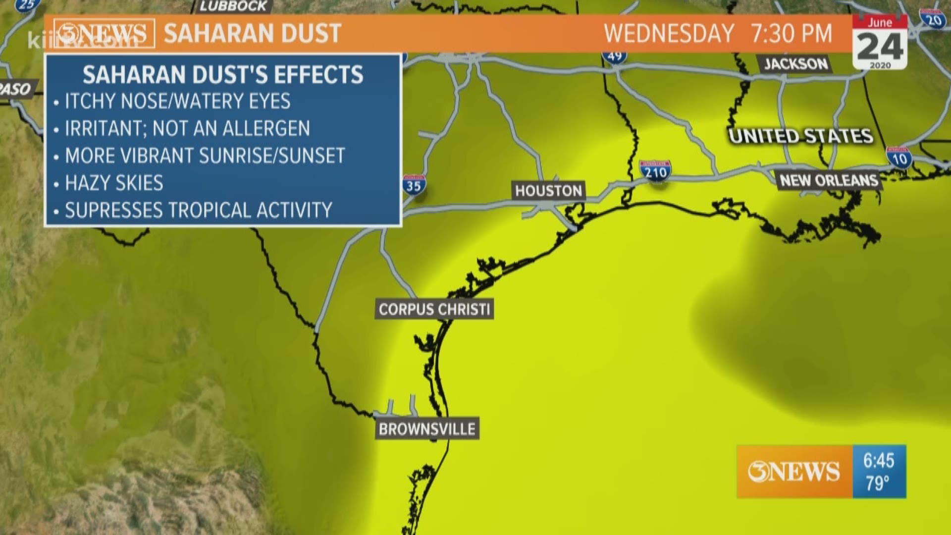 Saharan Dust is forecast to arrive in the Coastal Bend, starting Tuesday.  The dust will become more concentrated by the end of the week/weekend.