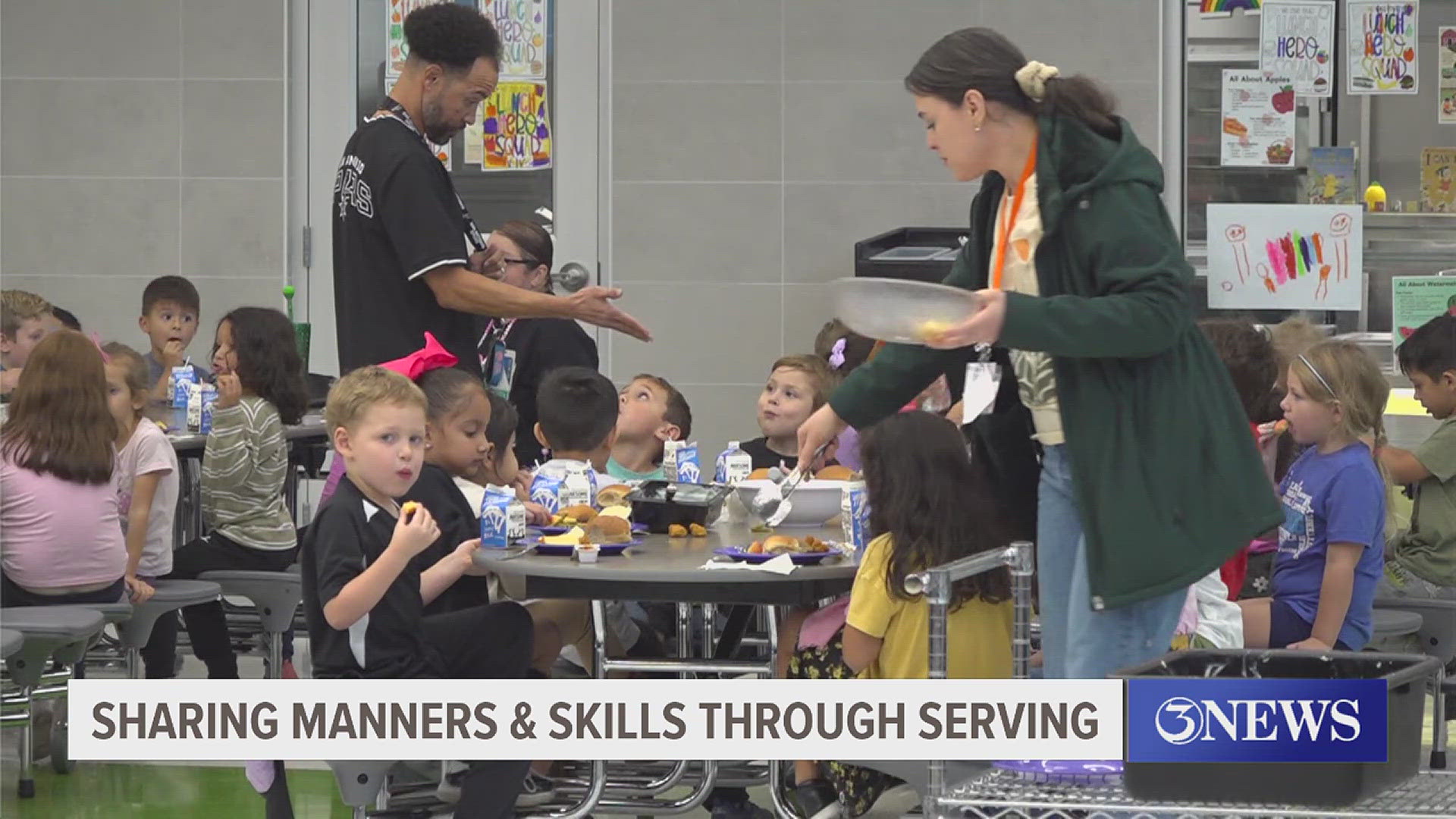 The students over at G-P's Early Childhood Center take turns placing food on their plates and then passing it down to the next student to practice sharing skills.