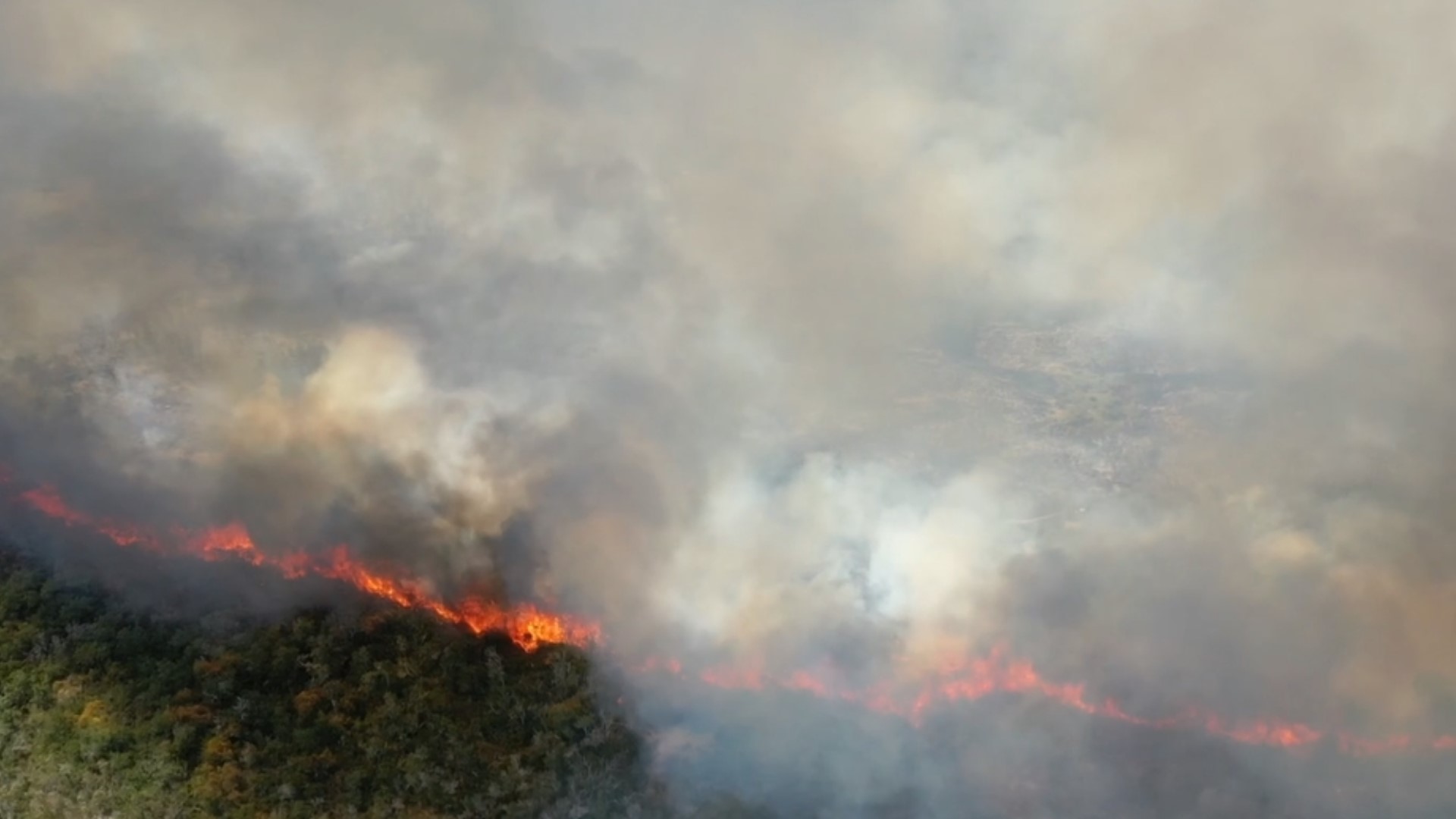 Drone footage from VS Aerial Imagery shows line of flames in Aransas Pass 'Myrtle' fire.