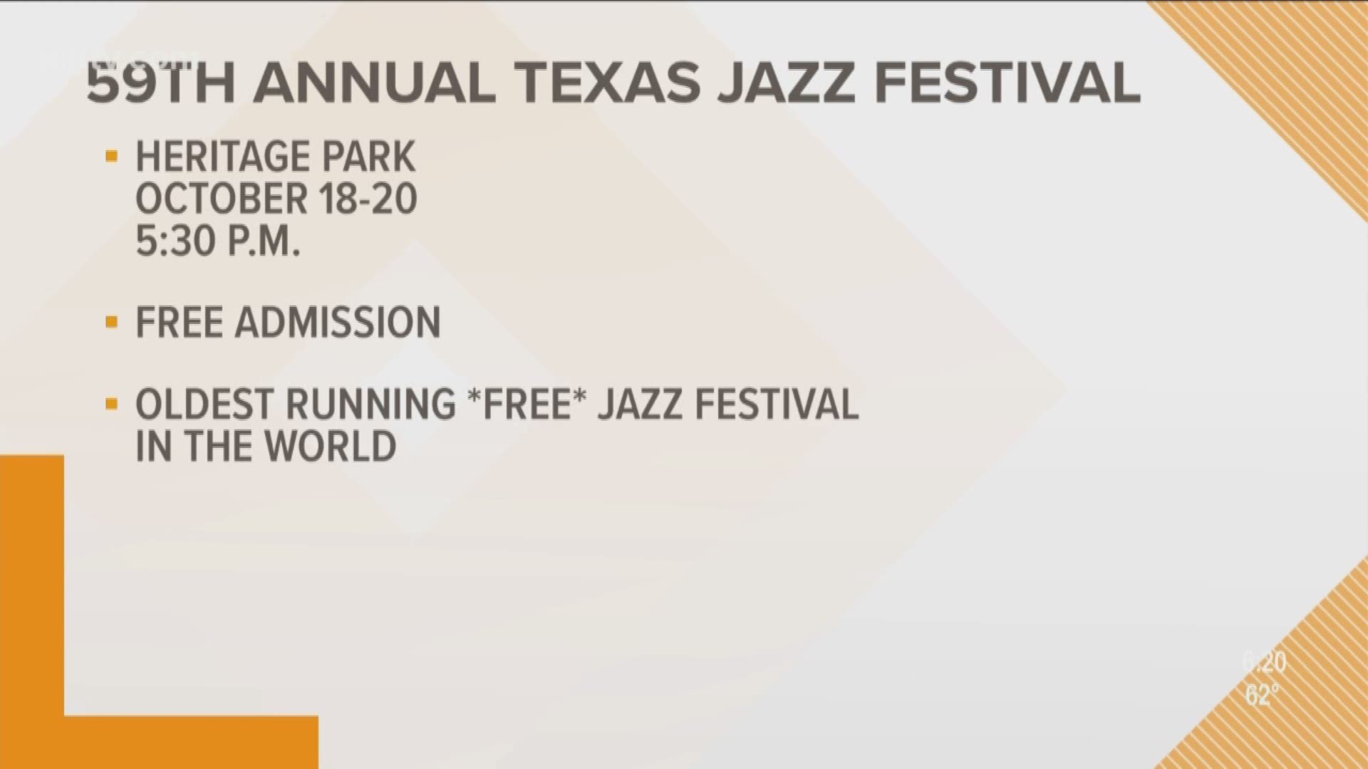 Come out to Heritage Park tonight, Saturday, and Sunday for the 59th Annual Texas Jazz Festival!