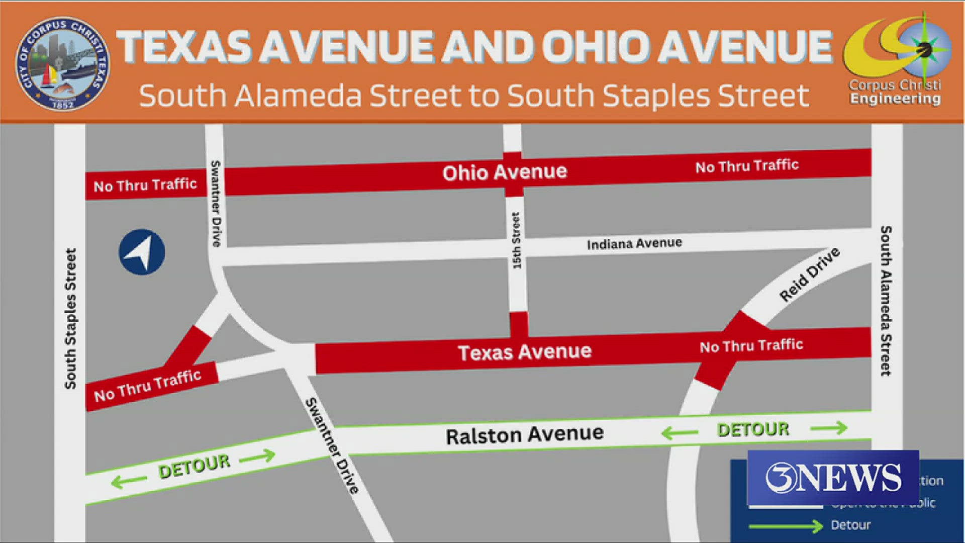 Construction is taking place between South Alameda and South Staples streets.