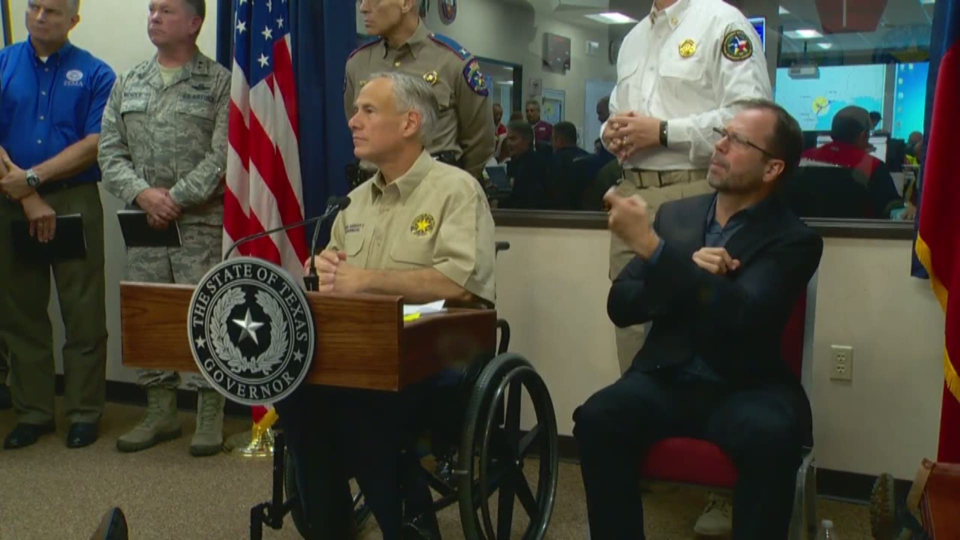 Texas Governor Greg Abbott speaks at a press conference on Hurricane Harvey