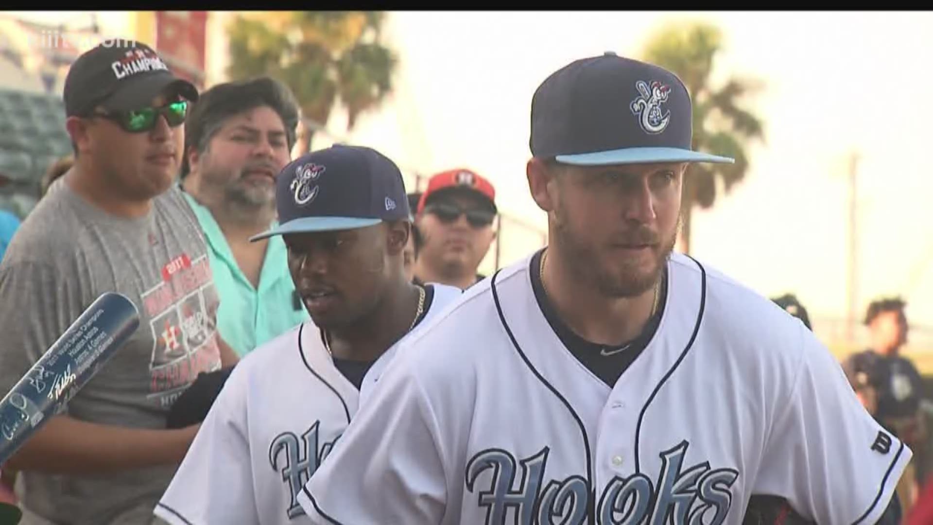 The Astros' reliever and catcher both made an appearance at Whataburger Field Wednesday.