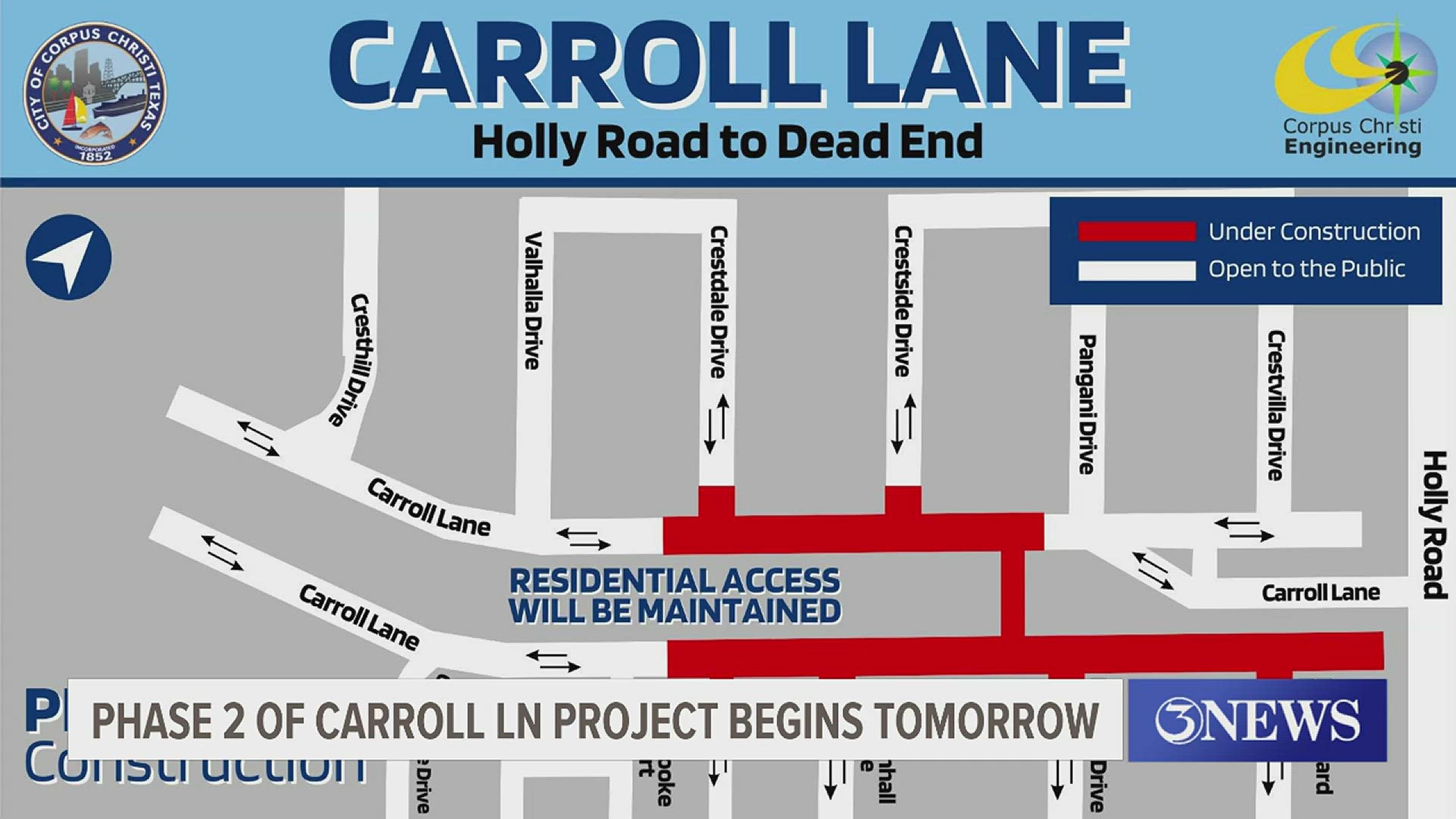 Carroll Lane will be closed from Crestdale Drive to Pangani Drive on the northwest lane and from Crestbrook Court past Beauregard Drive on the southwest lane.