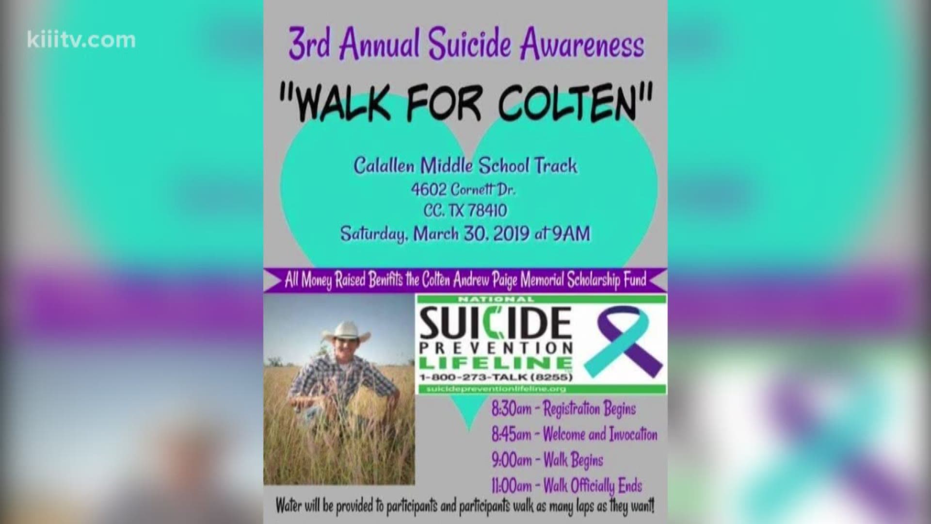 A suicide awareness walk on Saturday at Calallen Middle School will honor a 19-year-old young man who took his own life.