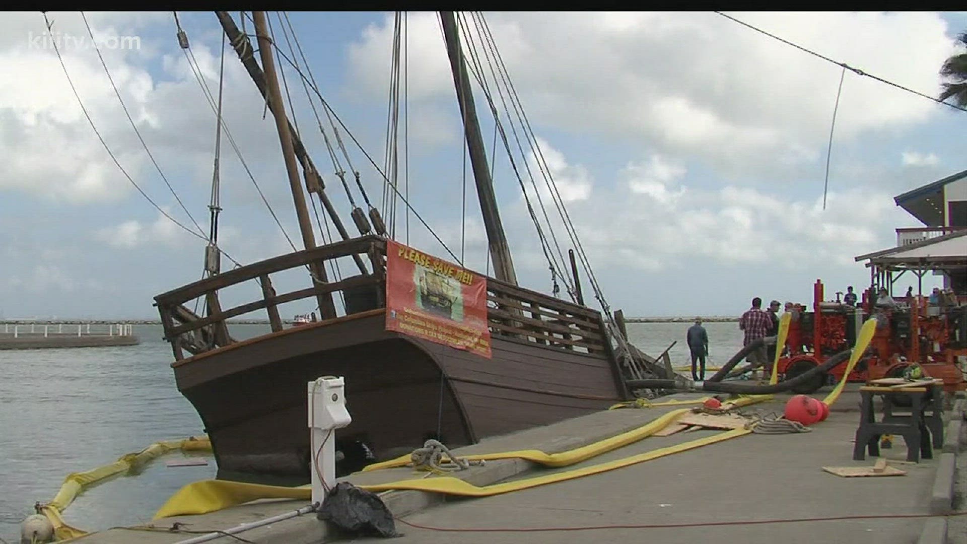 The Columbus ship replica La Ni�a has sat partially sunk at the Corpus Christi Marina since the Monday after Hurricane Harvey made landfall earlier this year.