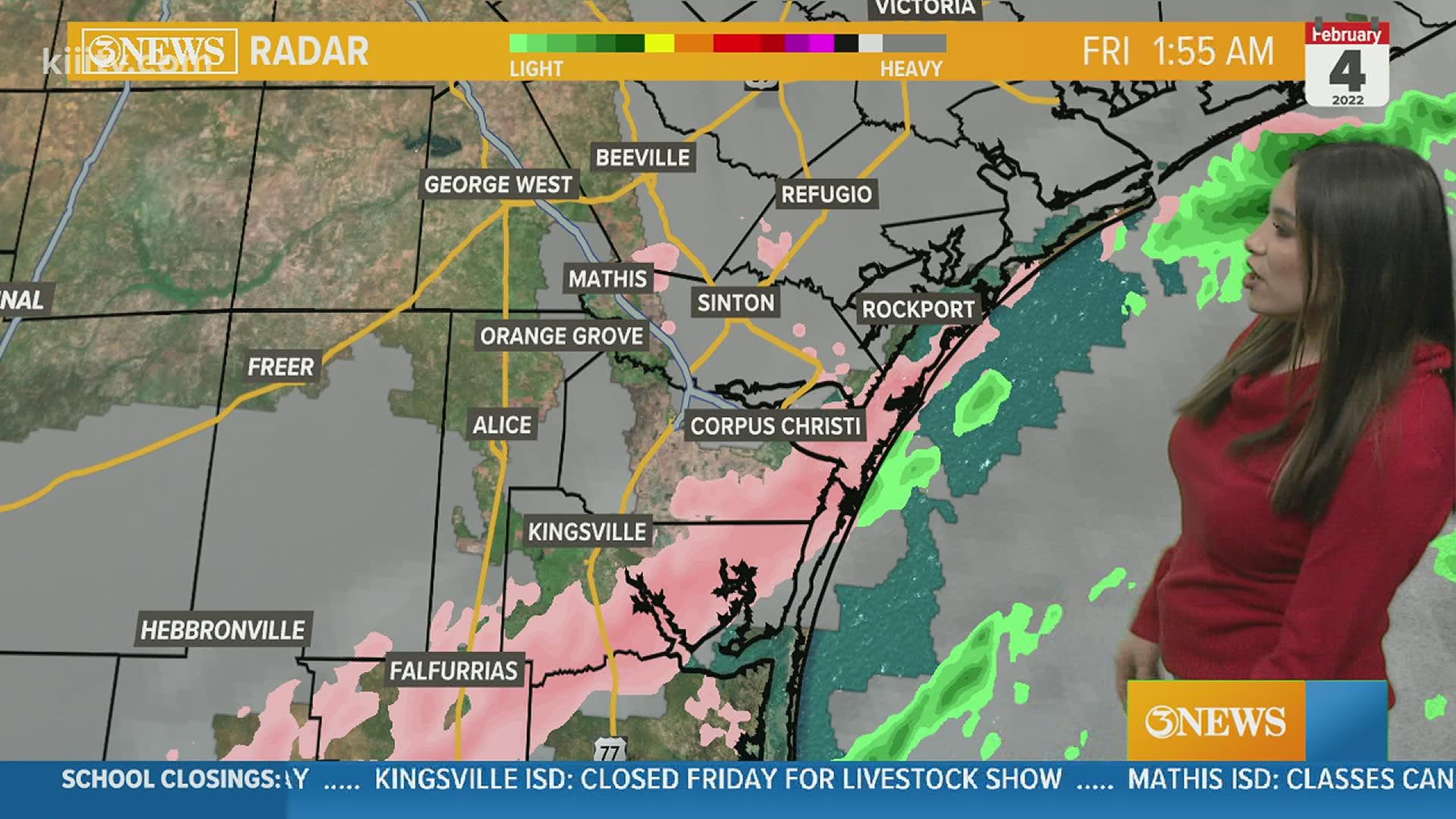 Freezing rain and sleet fell across the Coastal Bend overnight. Icy conditions are being reported along S.P.I.D. windshields may have a layer of ice. Take it slow