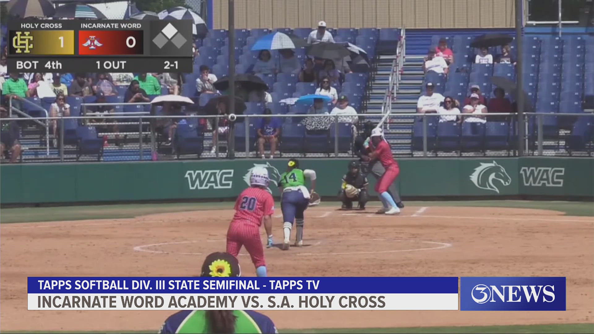 The IWA Angels defeated the Holy Cross Knights, 2-1, in the TAPPS Division III State Semifinal.