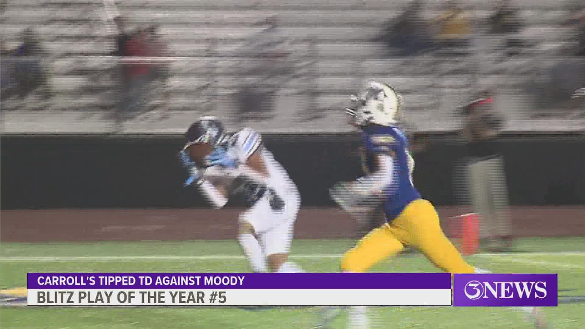 Carroll's Benny Hernandez found his man in the endzone, JC Salyer, but not before it went right through a Moody defender's hands.