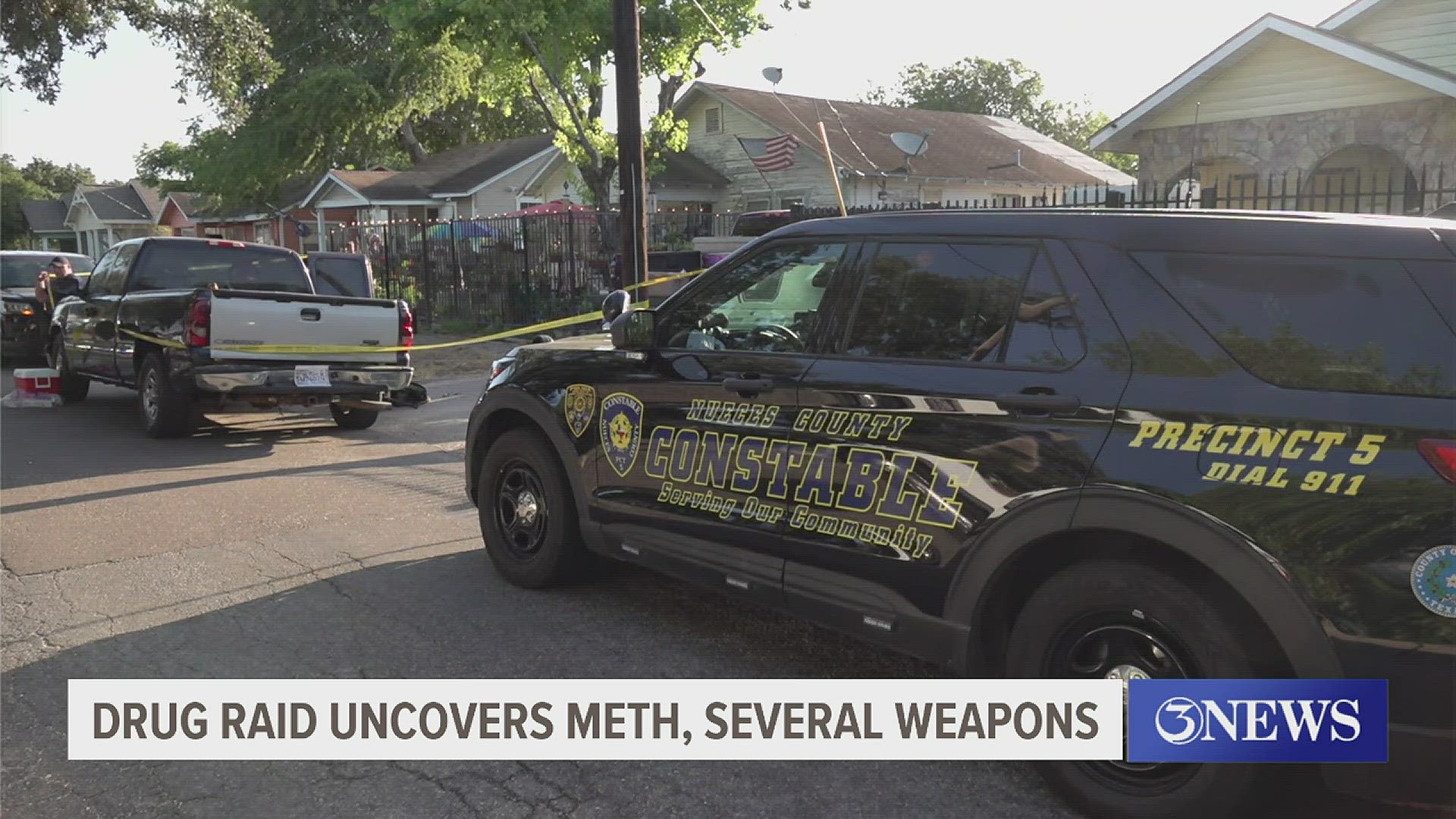Weapons and crystal meth were found in and outside of the home, officials on scene said.