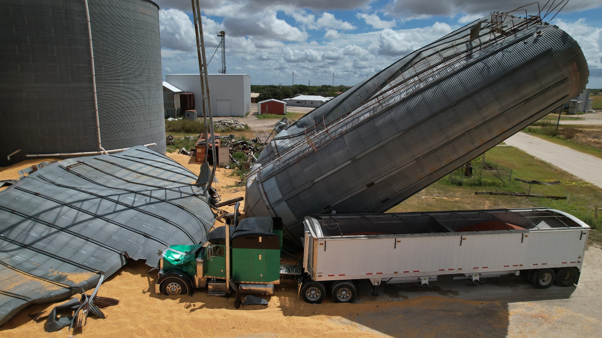 Drone footage shows damage from grain elevator collapse in Tynan