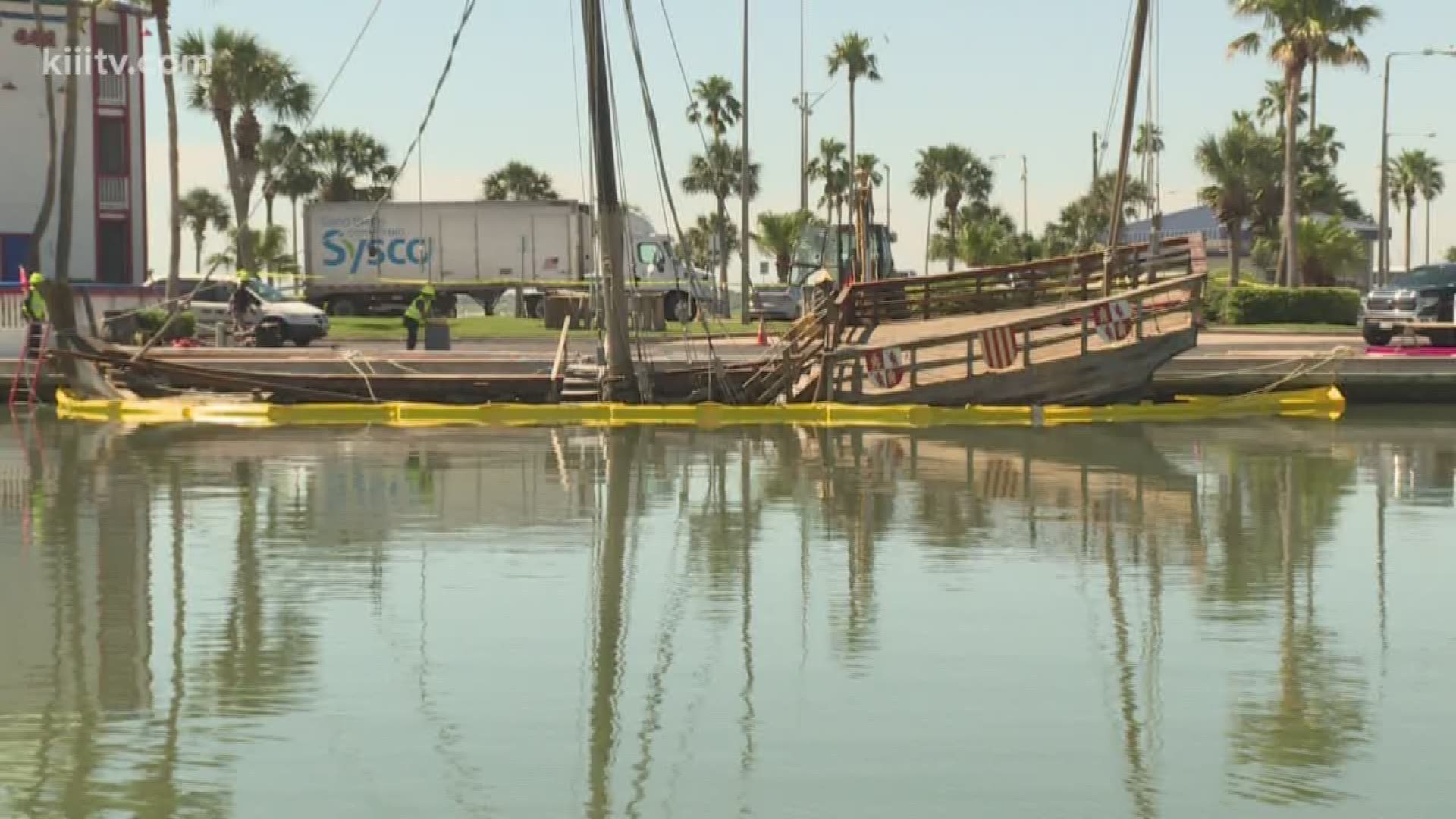 After a City of Corpus Christi diver patched the hole in the La Niña ship replica over the weekend, some volunteers took over to make sure it's ready to be moved.