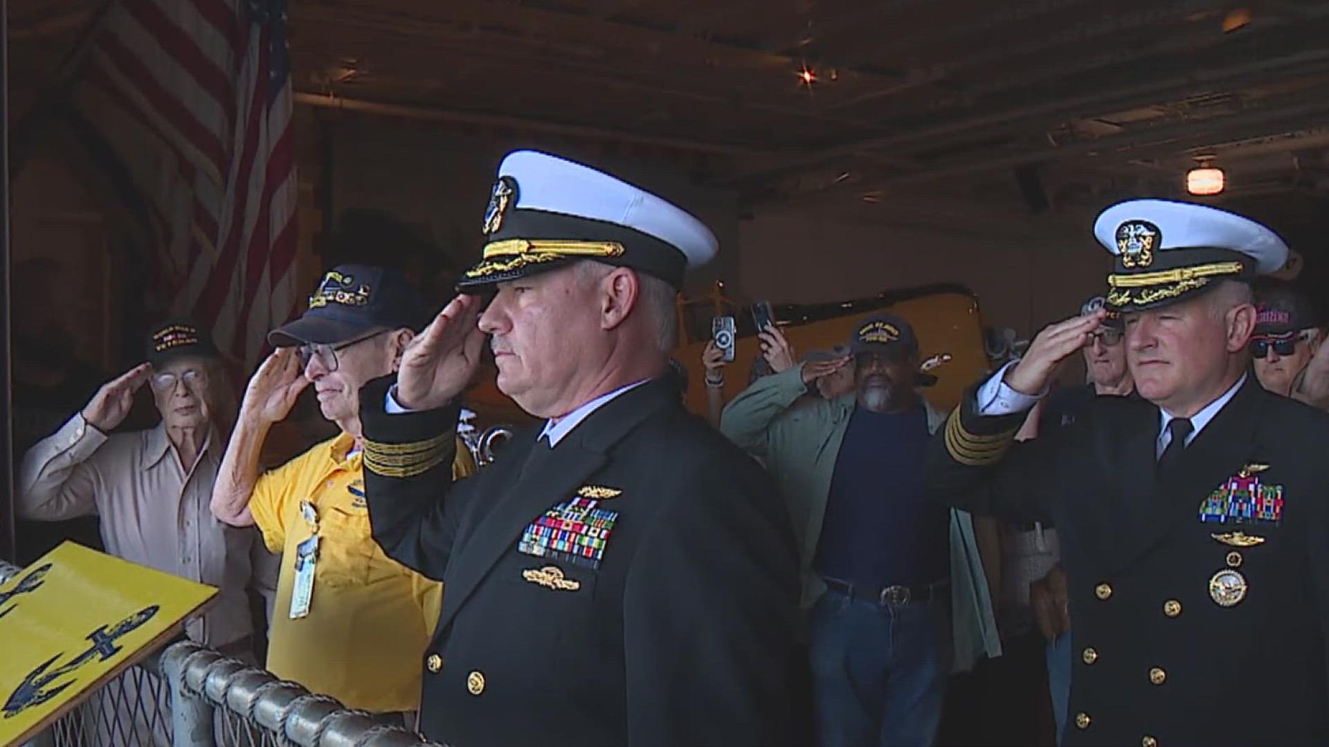 The Veterans Band of Corpus Christi and Miller High School's NJROTC took part in the annual 'Salute to Our Veterans' event aboard the USS Lexington on Monday.