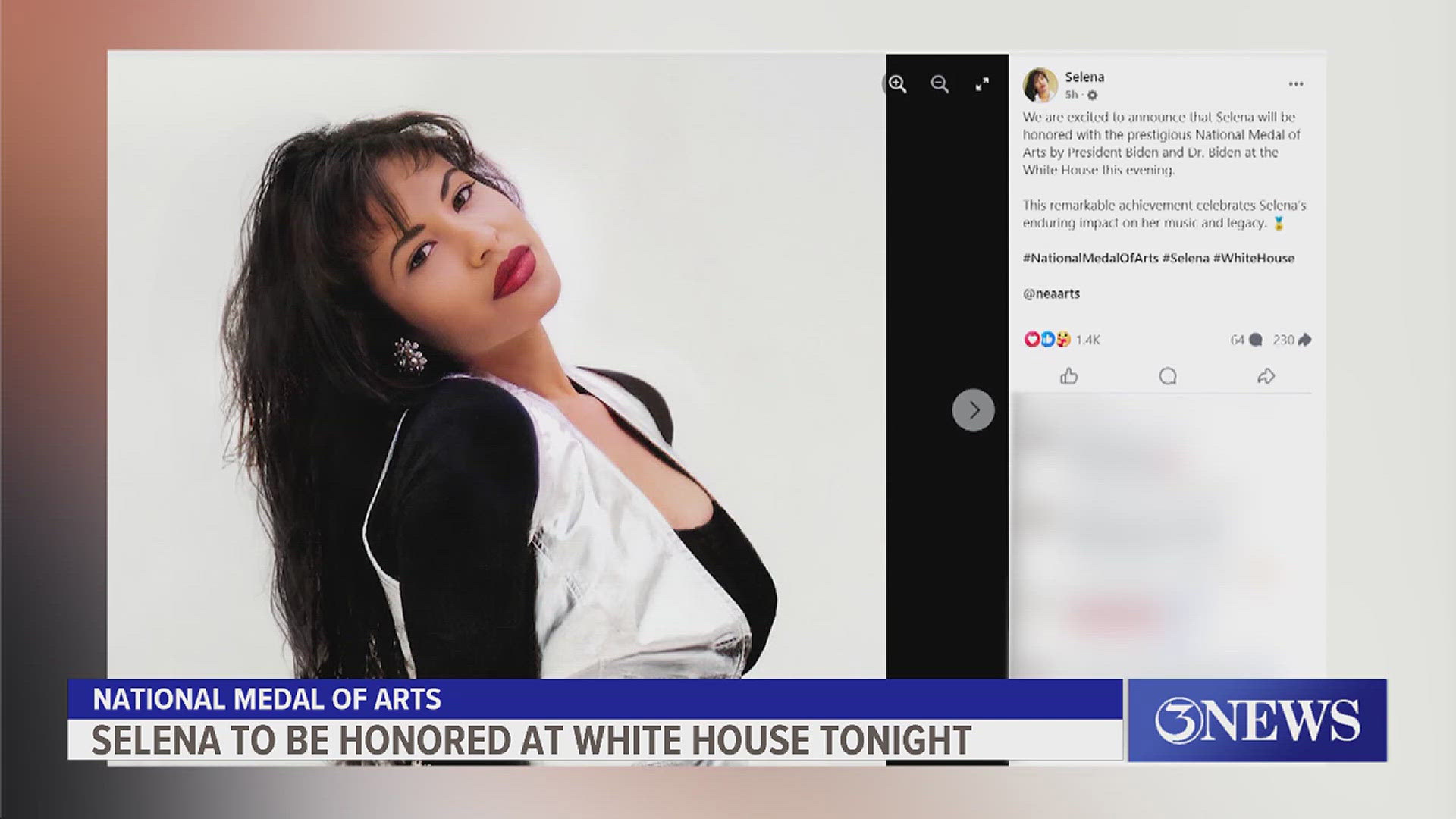 Selena along with Eva Longoria and Flaco Jimenez will receive the National Medal of Arts, the highest award given to artists and patrons by the federal government.