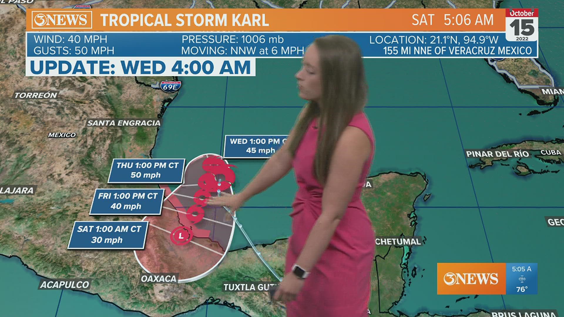 Tropical Storm Karl is forecast to remain a tropical storm and drift in to Mexico, north of Veracruz, by Friday. Not a threat to Texas.