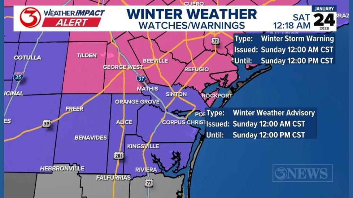 Weather Impact Alert for extreme cold and freezing rain in the Coastal Bend