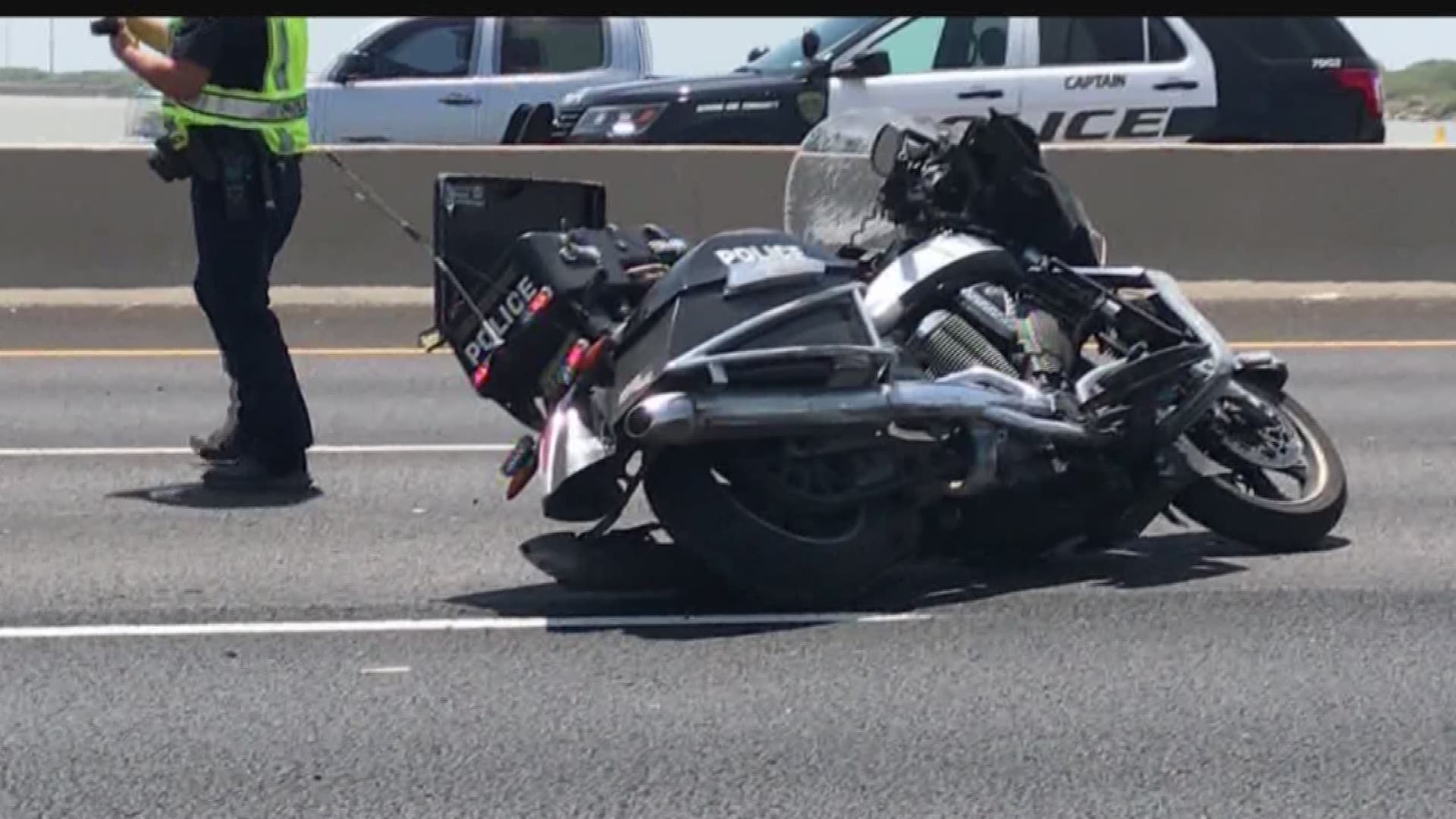 A Corpus Christi Police Department motorcycle officer was involved in an accident just before 2 p.m. Wednesday on westbound SPID at Ennis Joslin, resulting in a closure of the freeway.