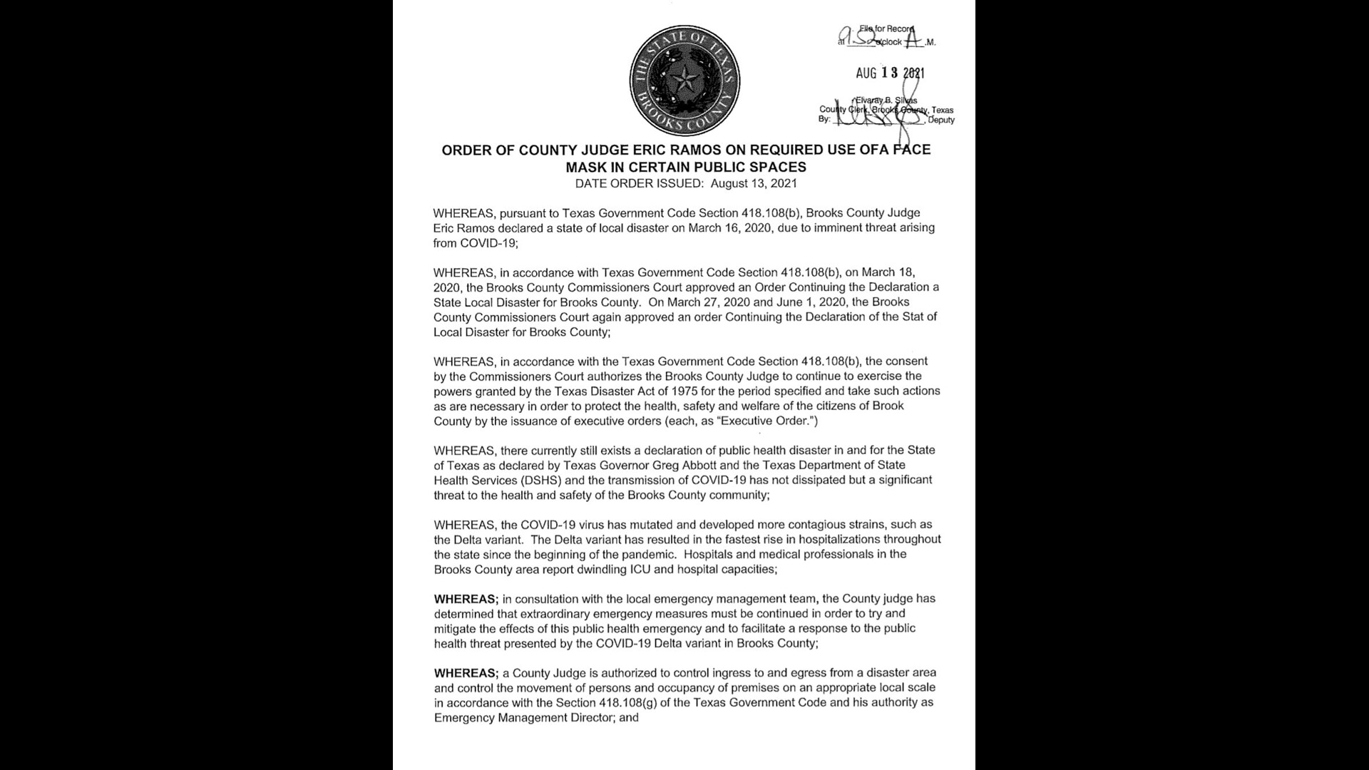 Brooks County Judge mandates masks in schools