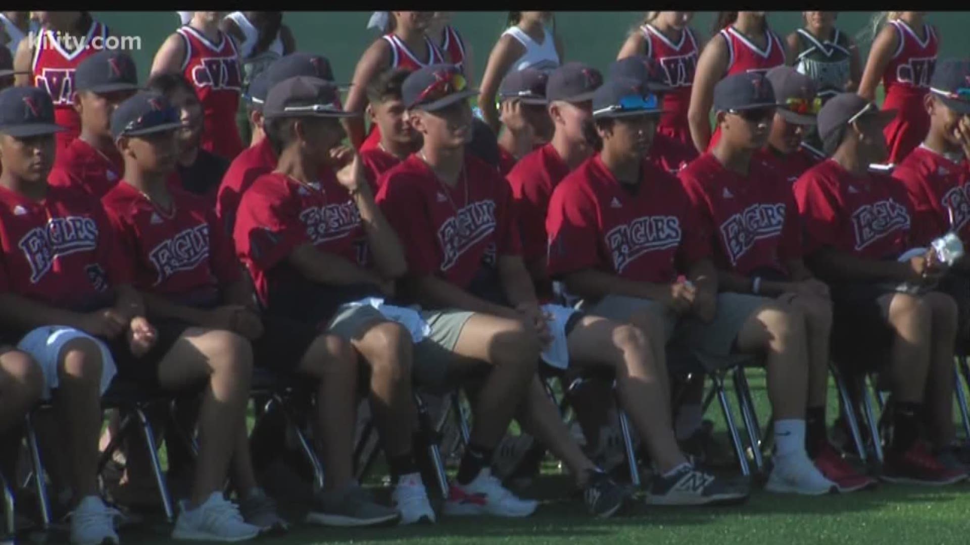 The Eagles' baseball team was give then first ever community-wide state send-off pep rally Tuesday night at Cabaniss.