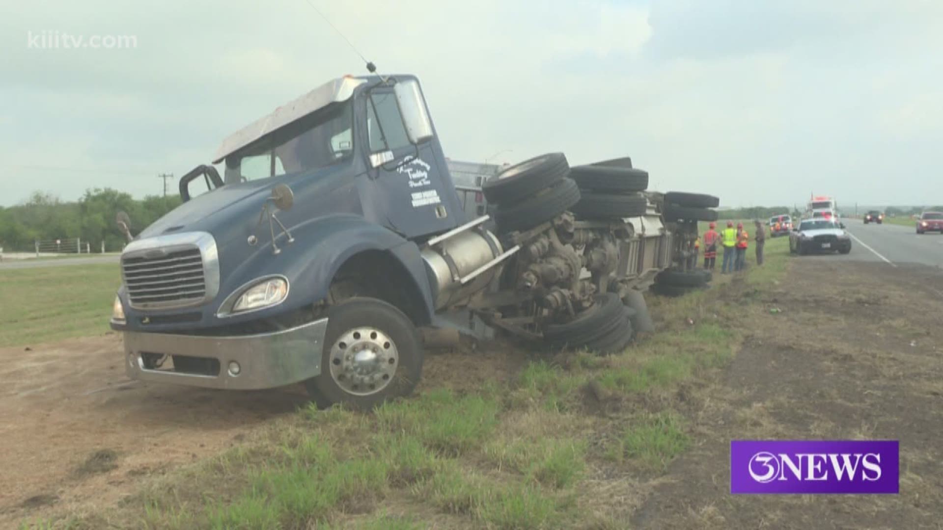 The driver of an 18-wheeler lost a full load of grain Monday morning after falling asleep at the wheel and veering into a ditch along the I-37 feeder road near the Labonte Park area.