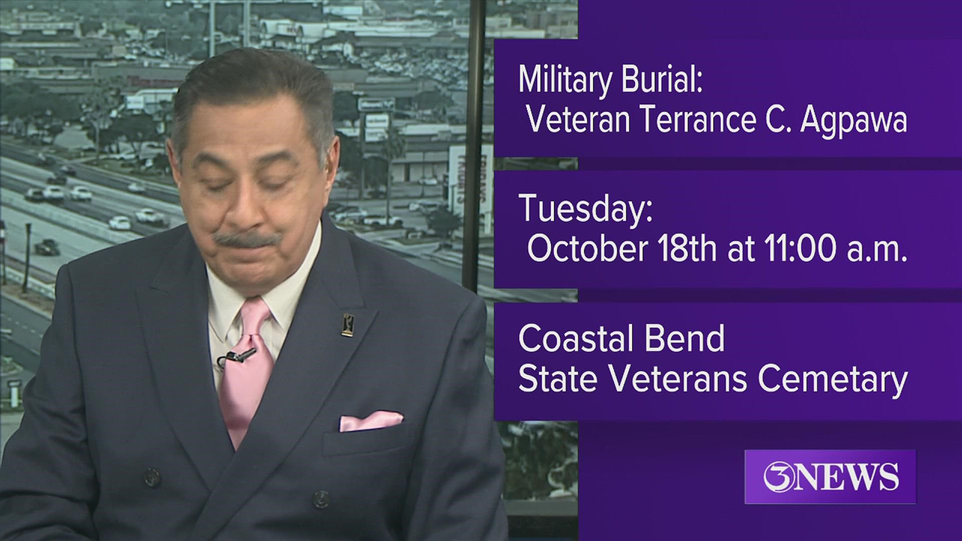 The burial will be on Oct. 18 at the Coastal Bend State Veterans Cemetery.