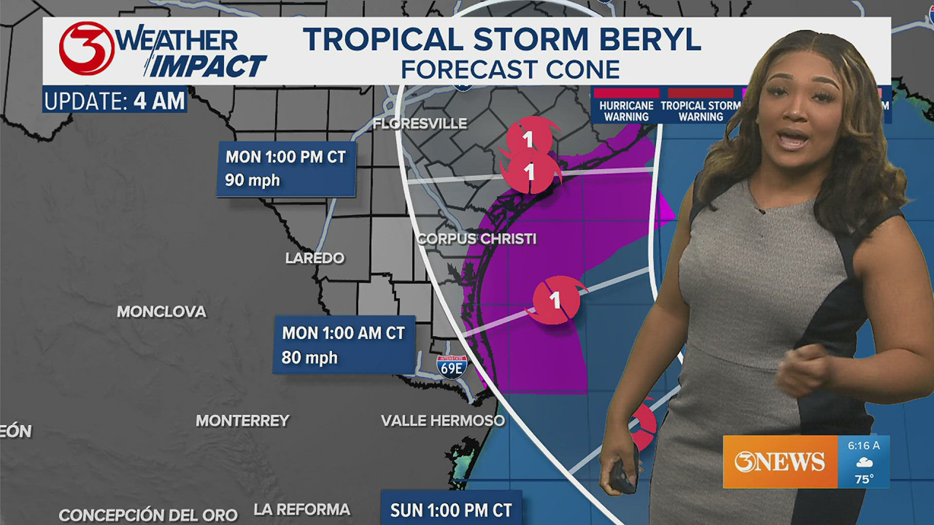 Saturday morning sees little shift to the east in the forecast track of Tropical Storm Beryl. Meteorologist Faith Colbert explains the impacts for the Texas Coast.