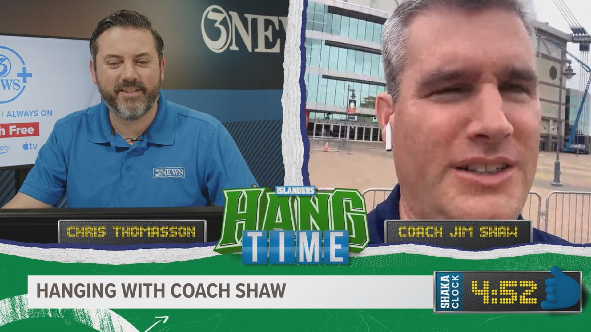 Chris Thomasson talks with Islanders' men's coach Jim Shaw about his team playing great basketball heading into the Southland Tournament next week.
