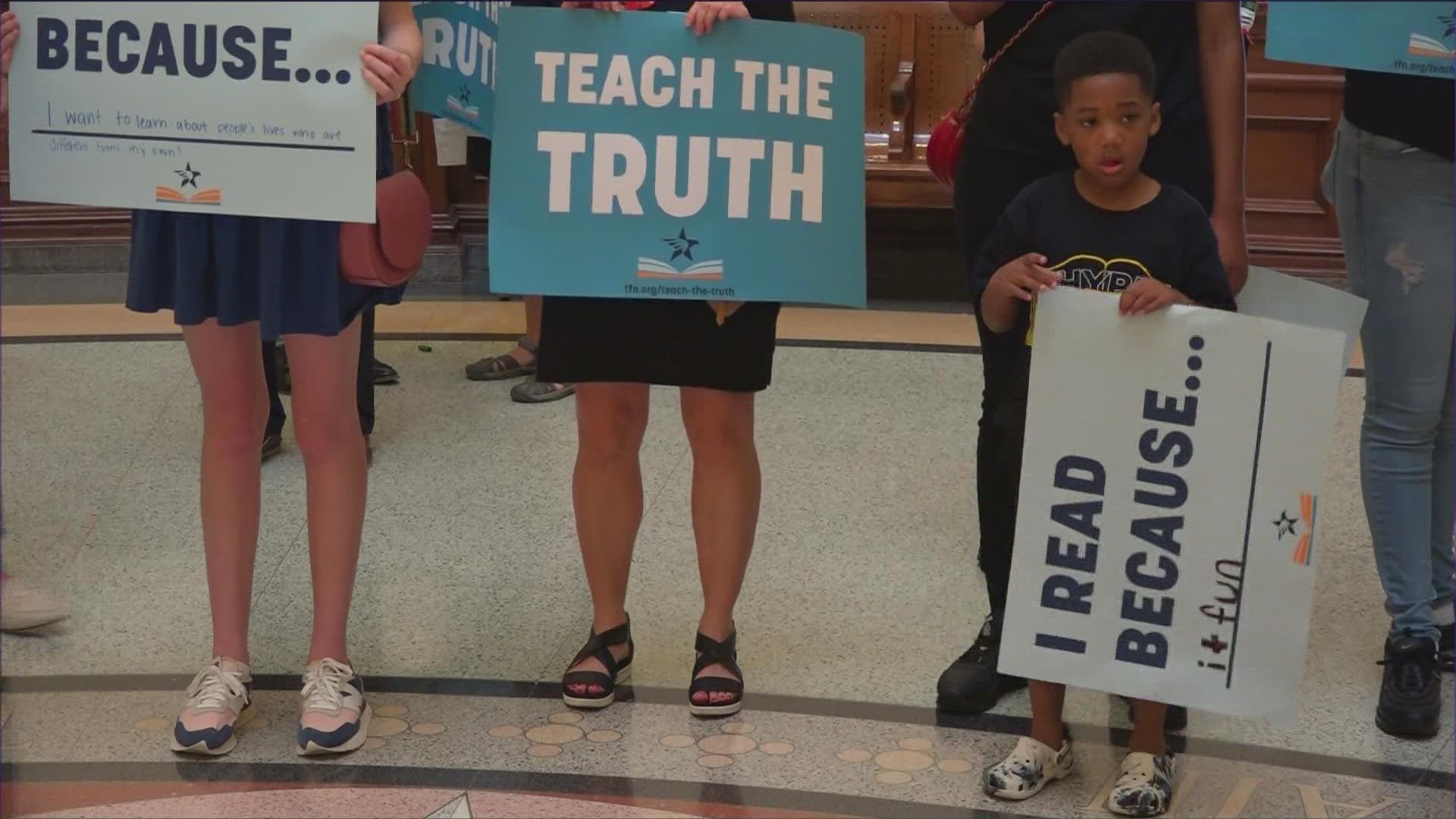 The coalition protested book bans during a Committee on Public Education meeting.