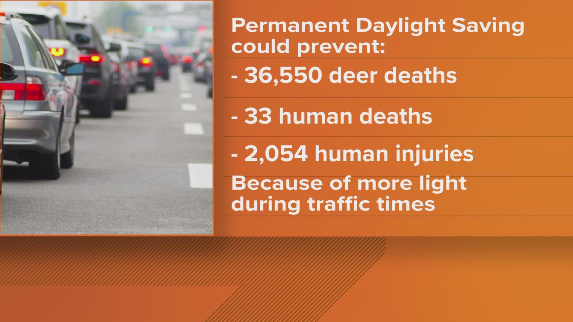 A new study shows a permanent Daylight Saving Time would prevent help prevent deer vs. car crashes.