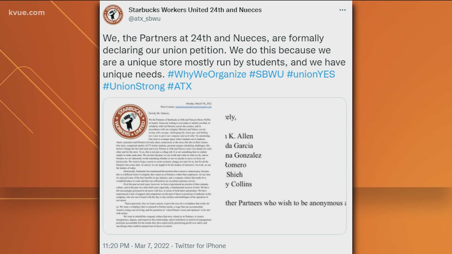 A group of Austin Starbucks workers is unionizing.