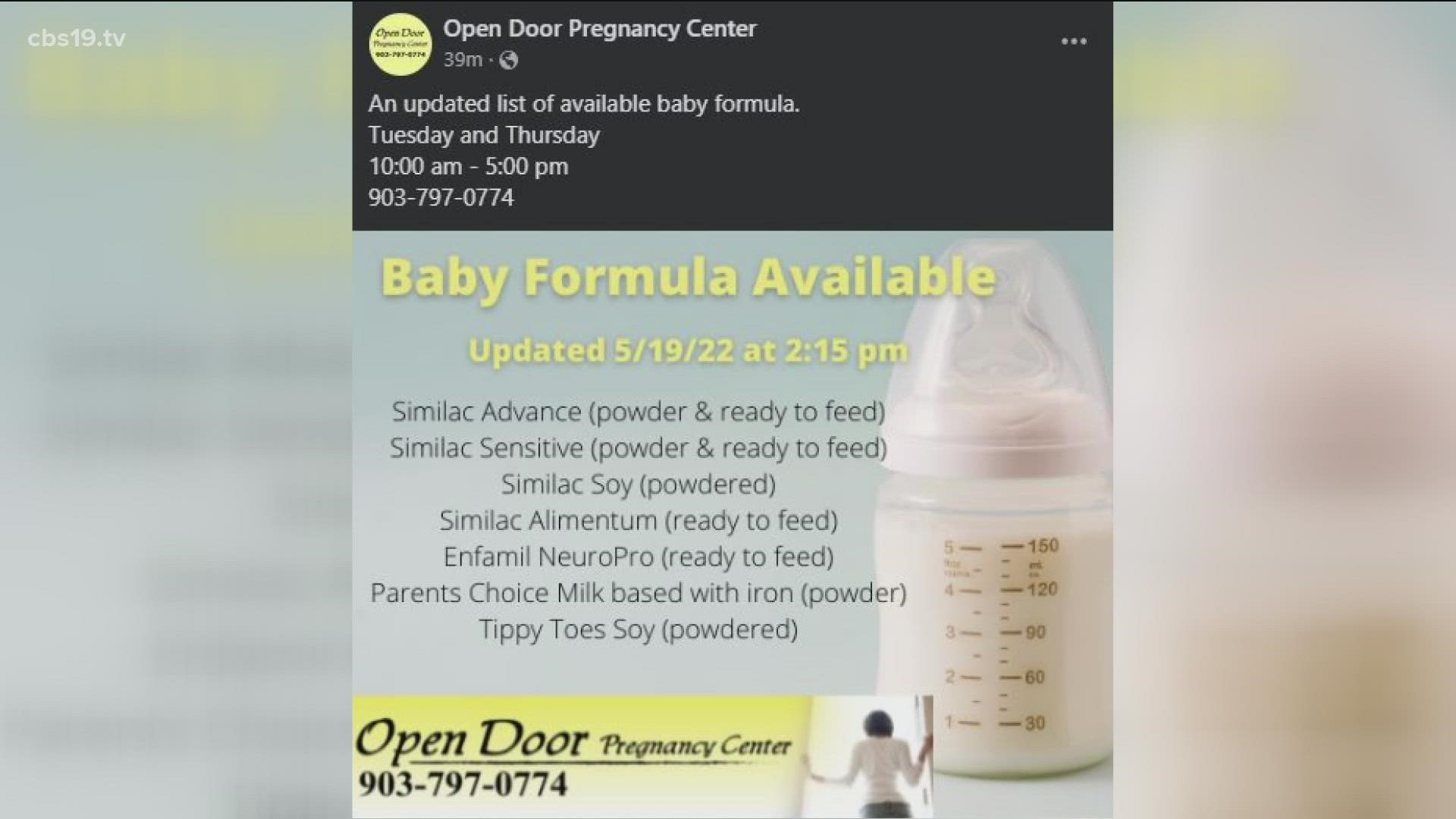 Open Door Pregnancy Center in Gilmer is stepping up to help Northeast Texans struggling to find baby formula.