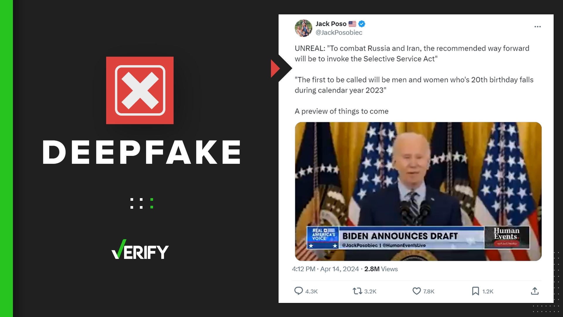 The day after Iran launched drone strikes against Israel, a video of President Joe Biden appears to show him reinstating the draft. The video is a deepfake.