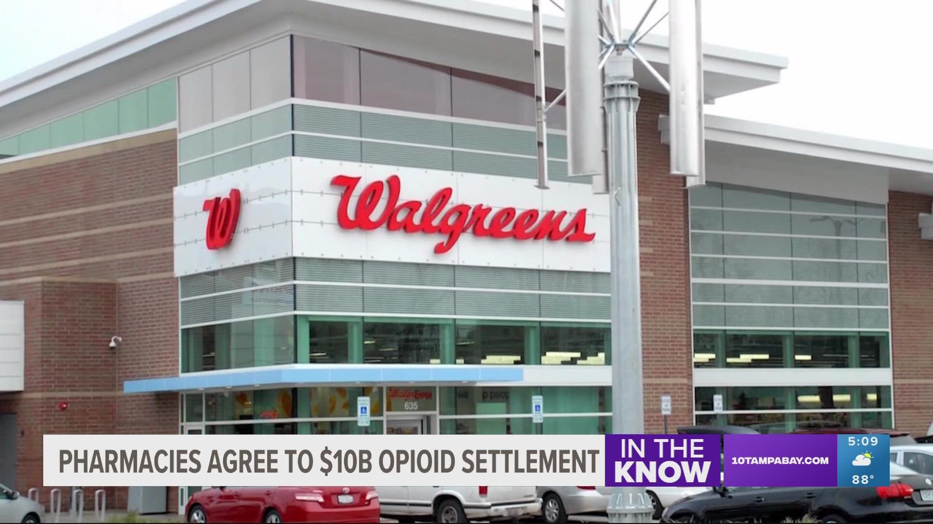 Two of the largest U.S pharmacy chains have agreed in principle to pay a total of about $10 billion to settle lawsuits over the toll of prescription opioids.