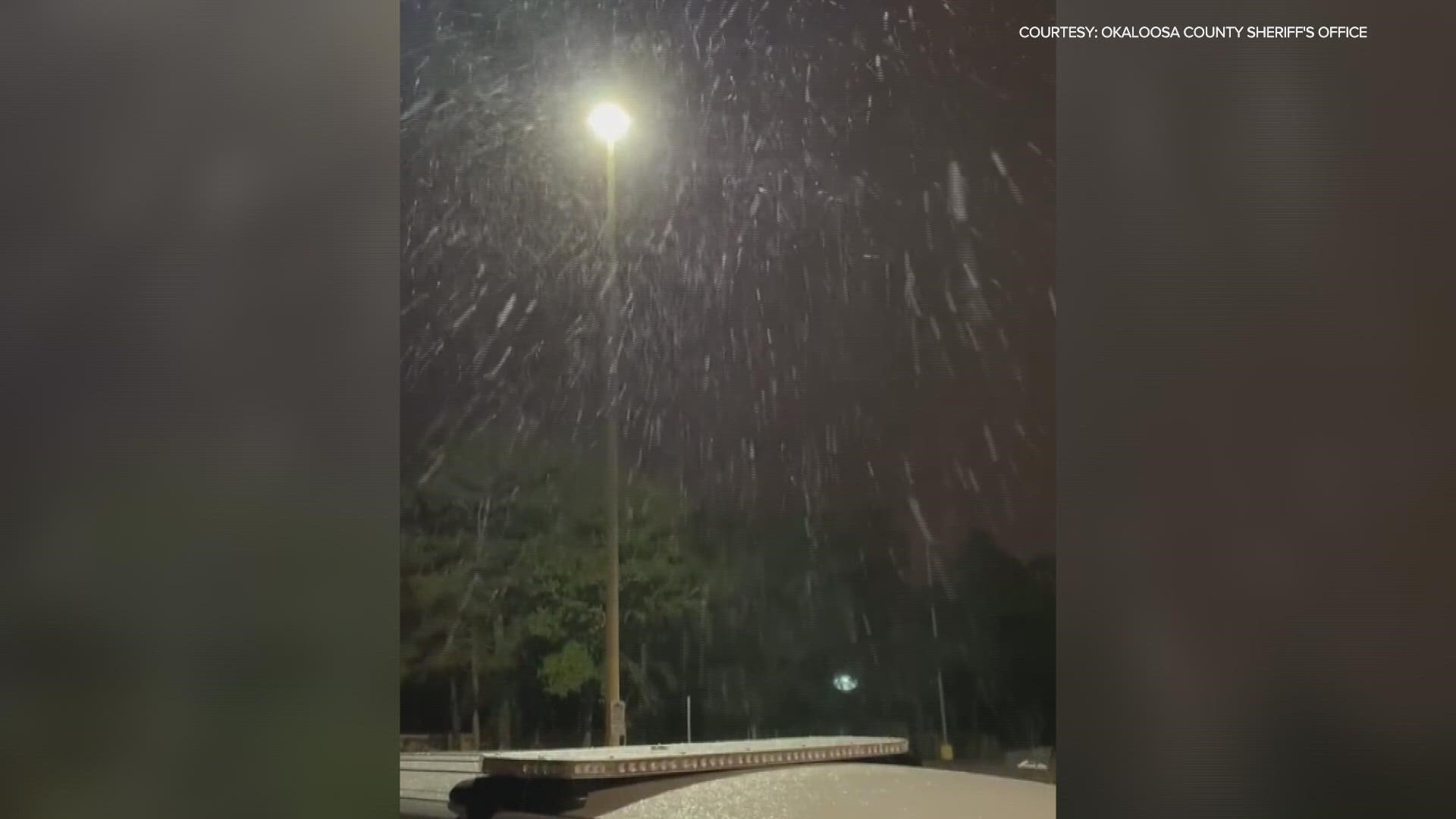 Snow flurries were seen cascading from the sky in a video shared Monday by the Okaloosa County Sheriff's Office.