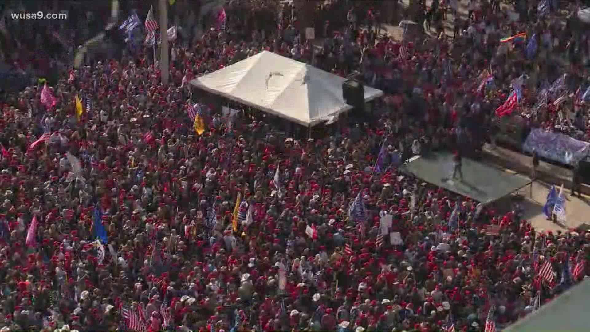 WUSA9's Mike Valerio reported seeing very few people wearing masks during the rally in support of President Donald Trump's unfounded election claims.